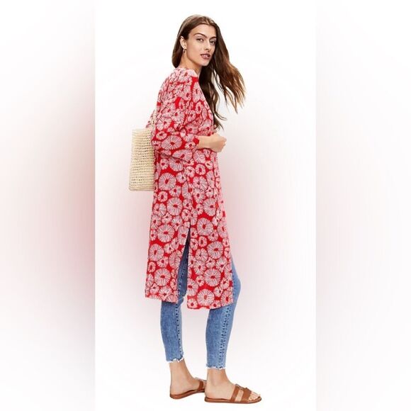 LOFT Red White Firework Print Long Open Duster Kimono Coverup. Size XS/S - Picture 2 of 11